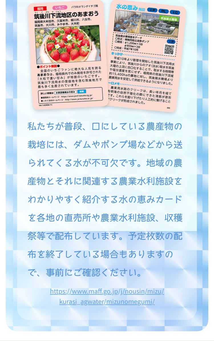 私たちが普段、口にしている農産物の栽培には、ダムやポンプ場などから送られてくる水が不可欠です。地域の農産物とそれに関連する農業水利施設をわかりやすく紹介する水の恵みカードを各地の直売所や農業水利施設、収穫祭等で配布しています。予定枚数の配布を終了している場合もありますので、事前にご確認ください。　https://www.maff.go.jp/j/nousin/mizu/kurasi_agwater/mizunomegumi/