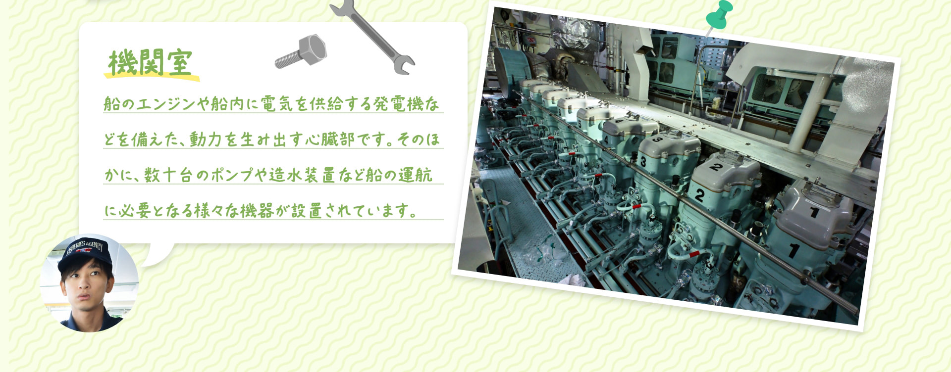 機関室 船のエンジンや船内に電気を供給する発電機などを備えた、動力を生み出す心臓部です。そのほかに、数十台のポンプや造水装置など船の運航に必要となる様々な機器が設置されています。