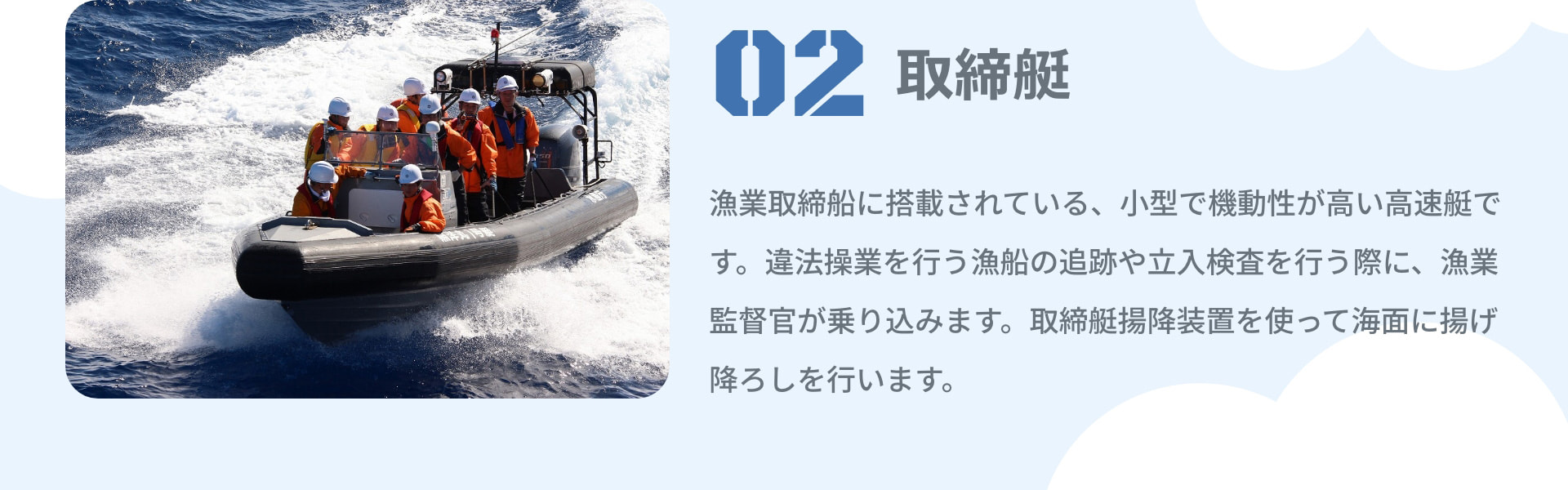 2 取締艇 漁業取締船に搭載されている、小型で機動性が高い高速艇です。違法操業を行う漁船の追跡や立入検査を行う際に、漁業監督官が乗り込みます。取締艇揚降装置を使って海面に揚げ降ろしを行います。