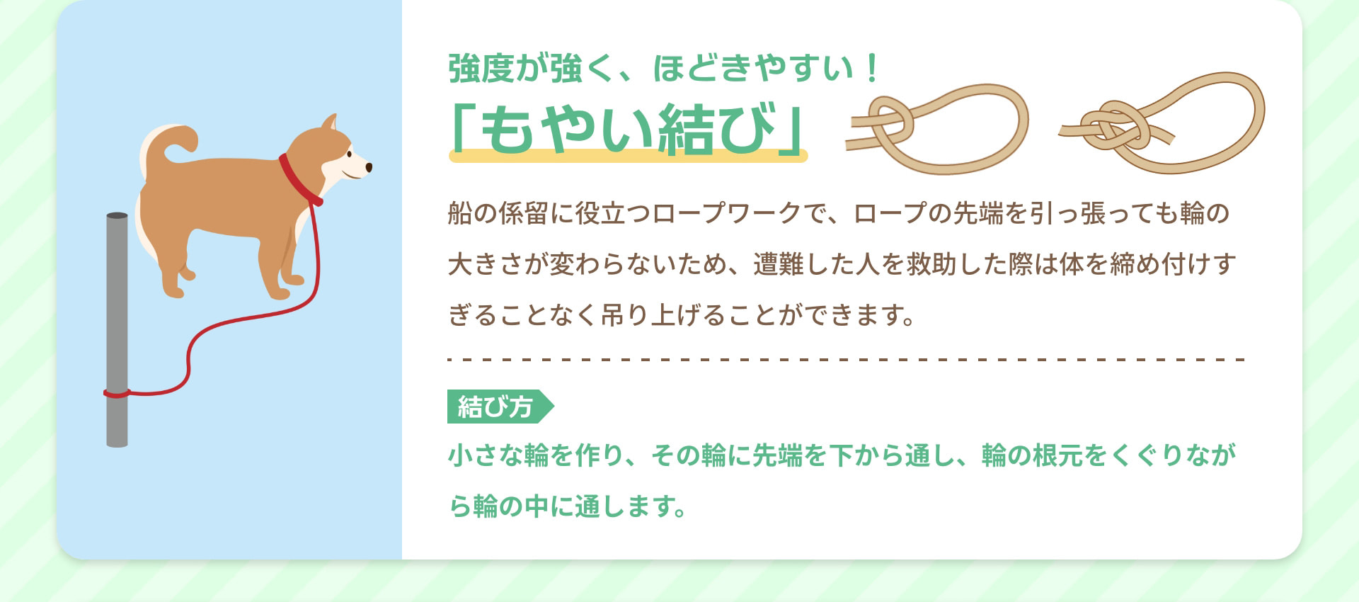 強度が強く、ほどきやすい！ 「もやい結び」 船の係留に役立つロープワークで、ロープの先端を引っ張っても輪の大きさが変わらないため、遭難した人を救助した際は体を締め付けすぎることなく吊り上げることができます。 結び方 小さな輪を作り、その輪に先端を下から通し、輪の根元をくぐりながら輪の中に通します。