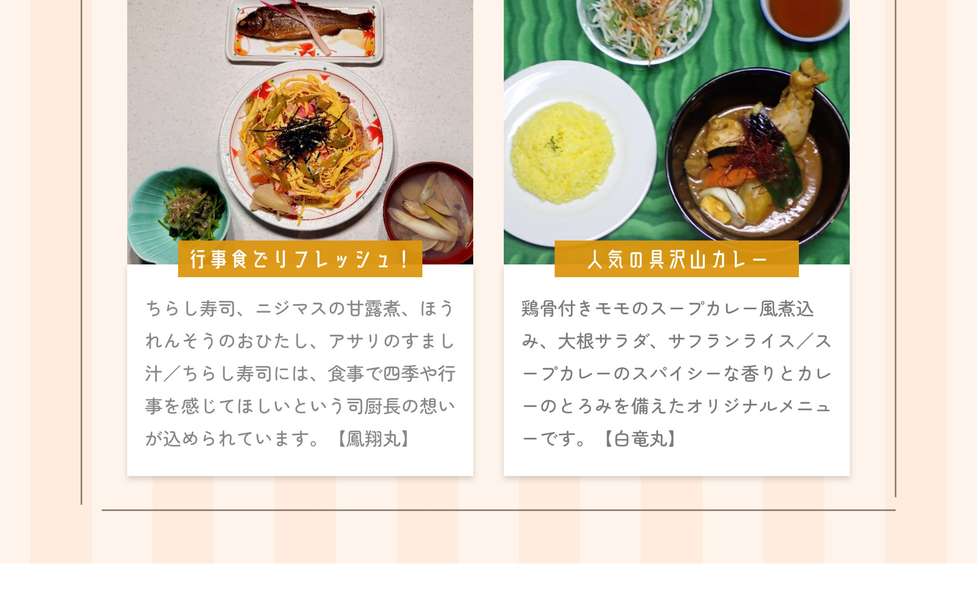 行事食でリフレッシュ！ ちらし寿司、ニジマスの甘露煮、ほうれんそうのおひたし、アサリのすまし汁/ちらし寿司には、食事で四季や行事を感じてほしいという司厨長の想いが込められています。【鳳翔丸】 人気の具沢山カレー 鶏骨付きモモのスープカレー風煮込み、大根サラダ、サフランライス/スープカレーのスパイシーな香りとカレーのとろみを備えたオリジナルメニューです。【白竜丸】