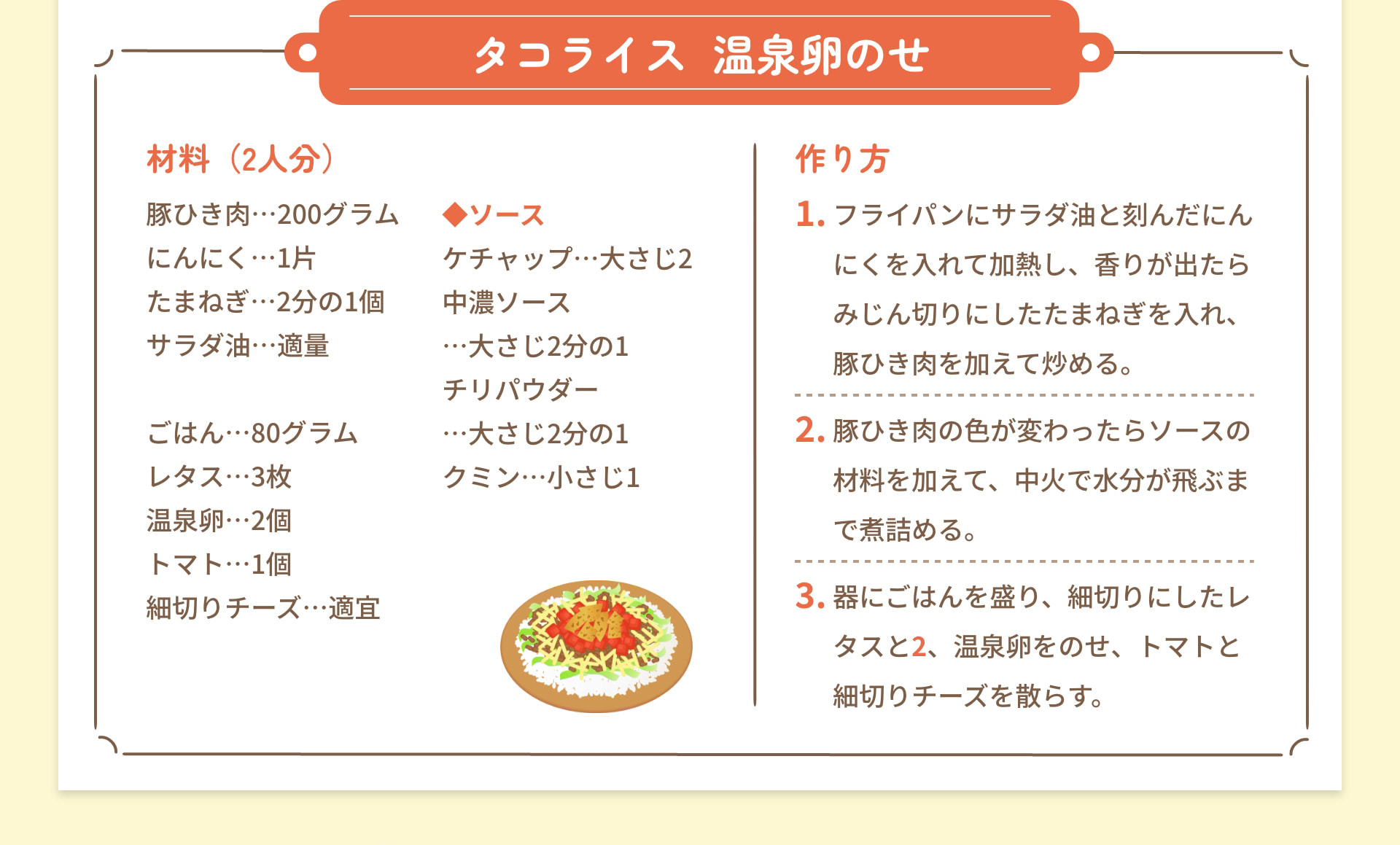タコライス 温泉卵のせ 材料(2人分) 豚ひき肉 200グラム にんにく 1片 たまねぎ 2分の1個 サラダ油 適量 ごはん 80グラム レタス 3枚 温泉卵 2個 トマト 1個 細切りチーズ 適宜 ソース ケチャップ 大さじ2 中濃ソース 大さじ2分の1 チリパウダー 大さじ2分の1 クミン 小さじ1 作り方 1 フライパンにサラダ油と刻んだにんにくを入れて加熱し、香りが出たらみじん切りにしたたまねぎを入れ、豚ひき肉を加えて炒める。 2 豚ひき肉の色が変わったらソースの材料を加えて、中火で水分が飛ぶまで煮詰める。 3 器にごはんを盛り、細切りにしたレタスと2、温泉卵をのせ、トマトと細切りチーズを散らす。
