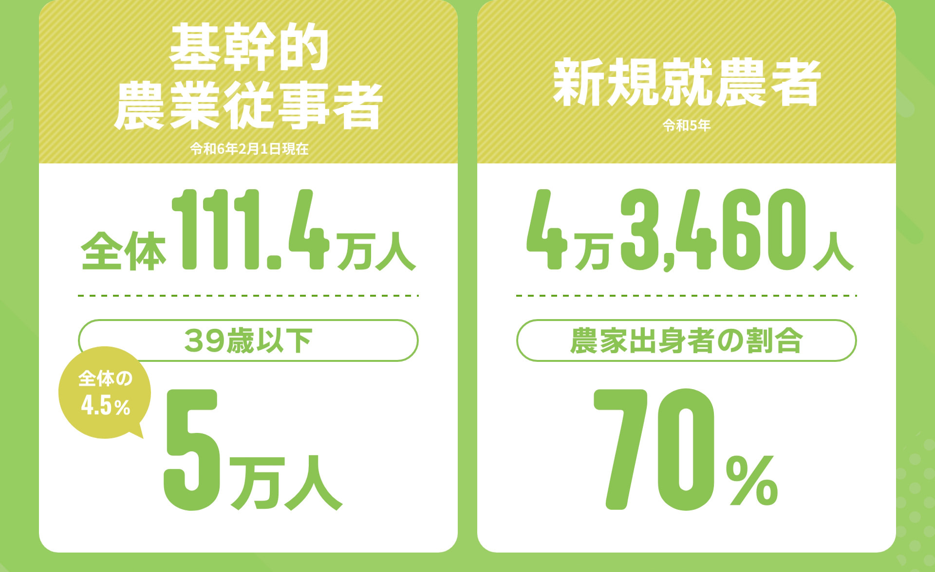 基幹的農業従事者 令和6年2月1日現在 全体 111.4万人 39歳以下 全体の4.5% 5万人 新規就農者 令和5年 4万3,460人 農家出身者の割合 70%