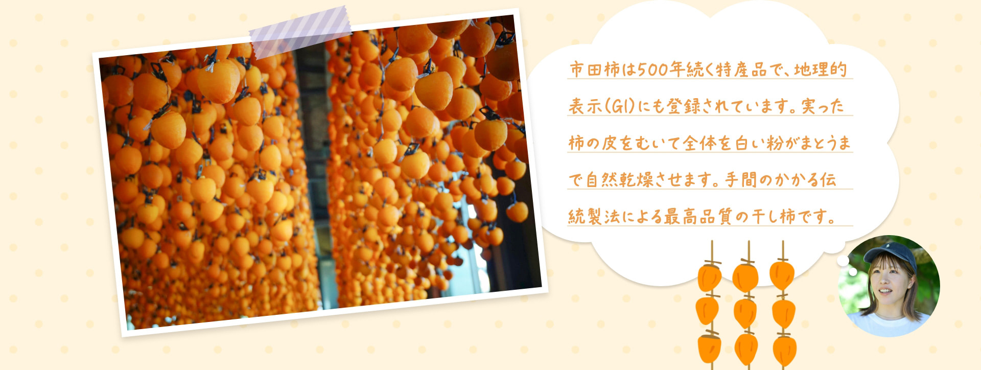 市田柿は500年続く特産品で、地理的表示(GI)にも登録されています。実った柿の皮をむいて全体を白い粉がまとうまで自然乾燥させます。手間のかかる伝統製法による最高品質の干し柿です。