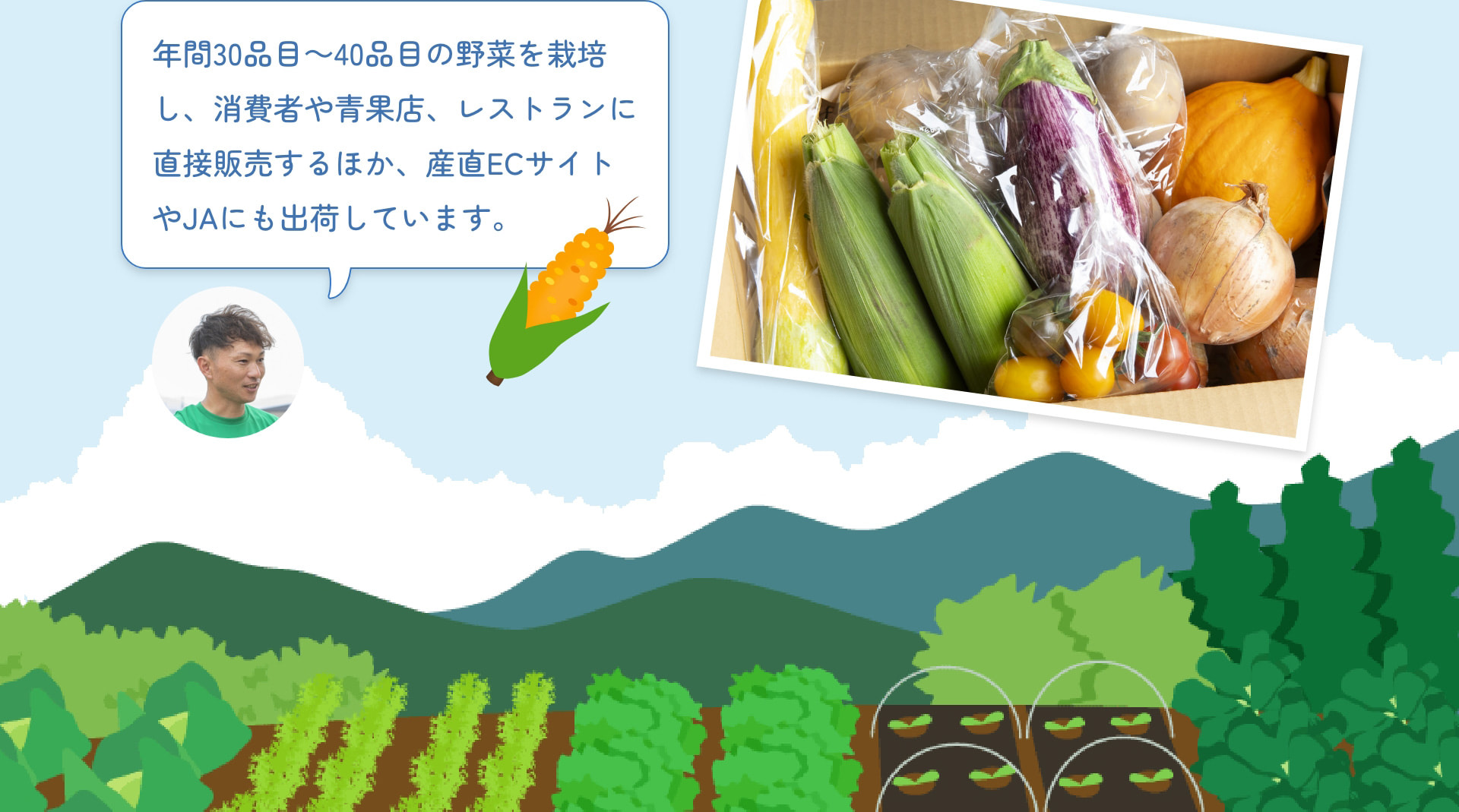 年間30品目～40品目の野菜を栽培し、消費者や青果店、レストランに直接販売するほか、産直ECサイトやJAにも出荷しています。