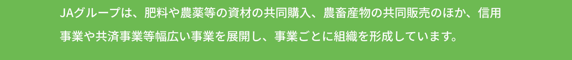 JAグループは、肥料や農薬等の資材の共同購入、農畜産物の共同販売のほか、信用事業や共済事業等幅広い事業を展開し、事業ごとに組織を形成しています。