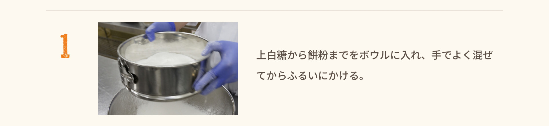 1 上白糖から餅粉までをボウルに入れ、手でよく混ぜてからふるいにかける。