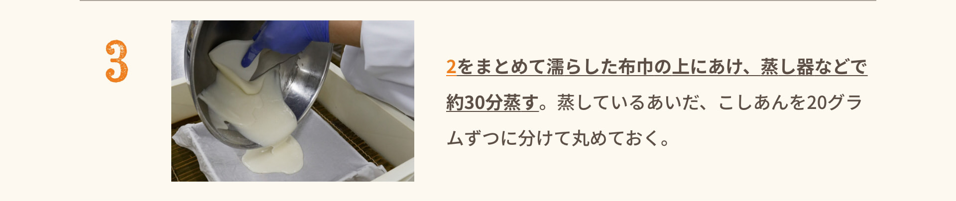 3 2をまとめて濡らした布巾の上にあけ、蒸し器などで約30分蒸す。蒸しているあいだ、こしあんを20グラムずつに分けて丸めておく。