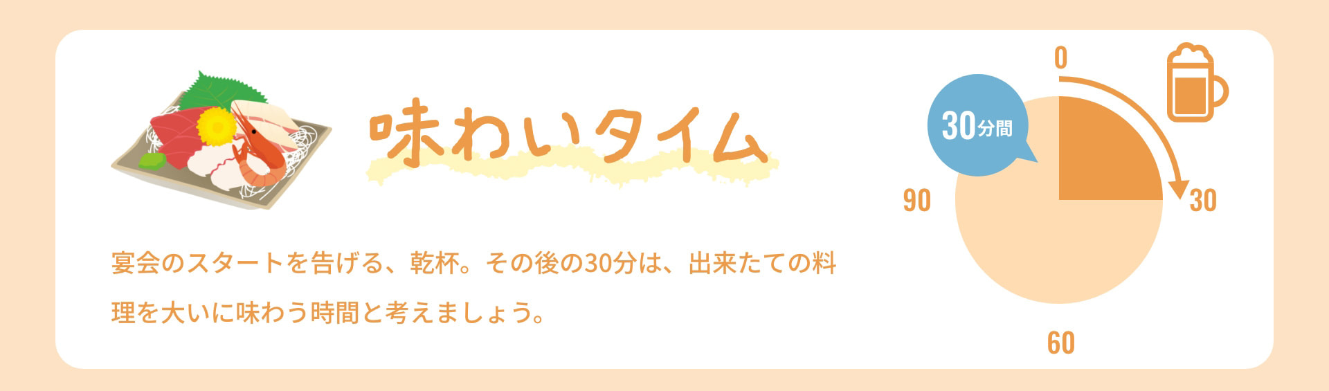 味わいタイム 宴会のスタートを告げる、乾杯。その後の30分は、出来たての料理を大いに味わう時間と考えましょう。