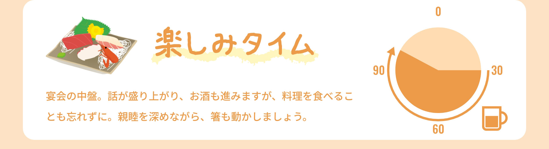 楽しみタイム 宴会の中盤。話が盛り上がり、お酒も進みますが、料理を食べることも忘れずに。親睦を深めながら、箸も動かしましょう。