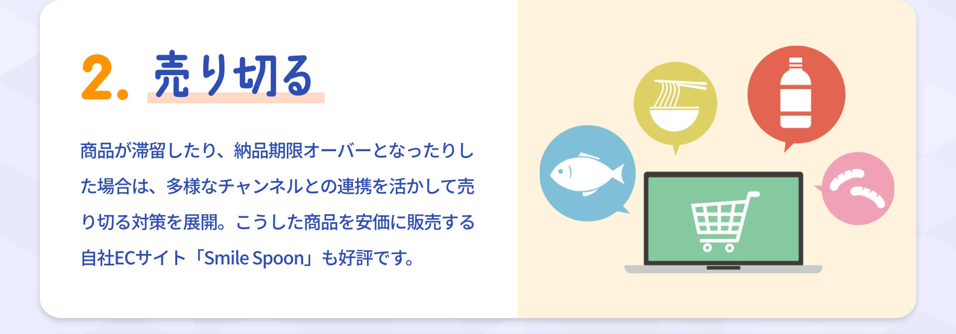 2 売り切る 商品が滞留したり、納品期限オーバーとなったりした場合は、多様なチャンネルとの連携を活かして売り切る対策を展開。こうした商品を安価に販売する自社ECサイト「Smile Spoon」も好評です。