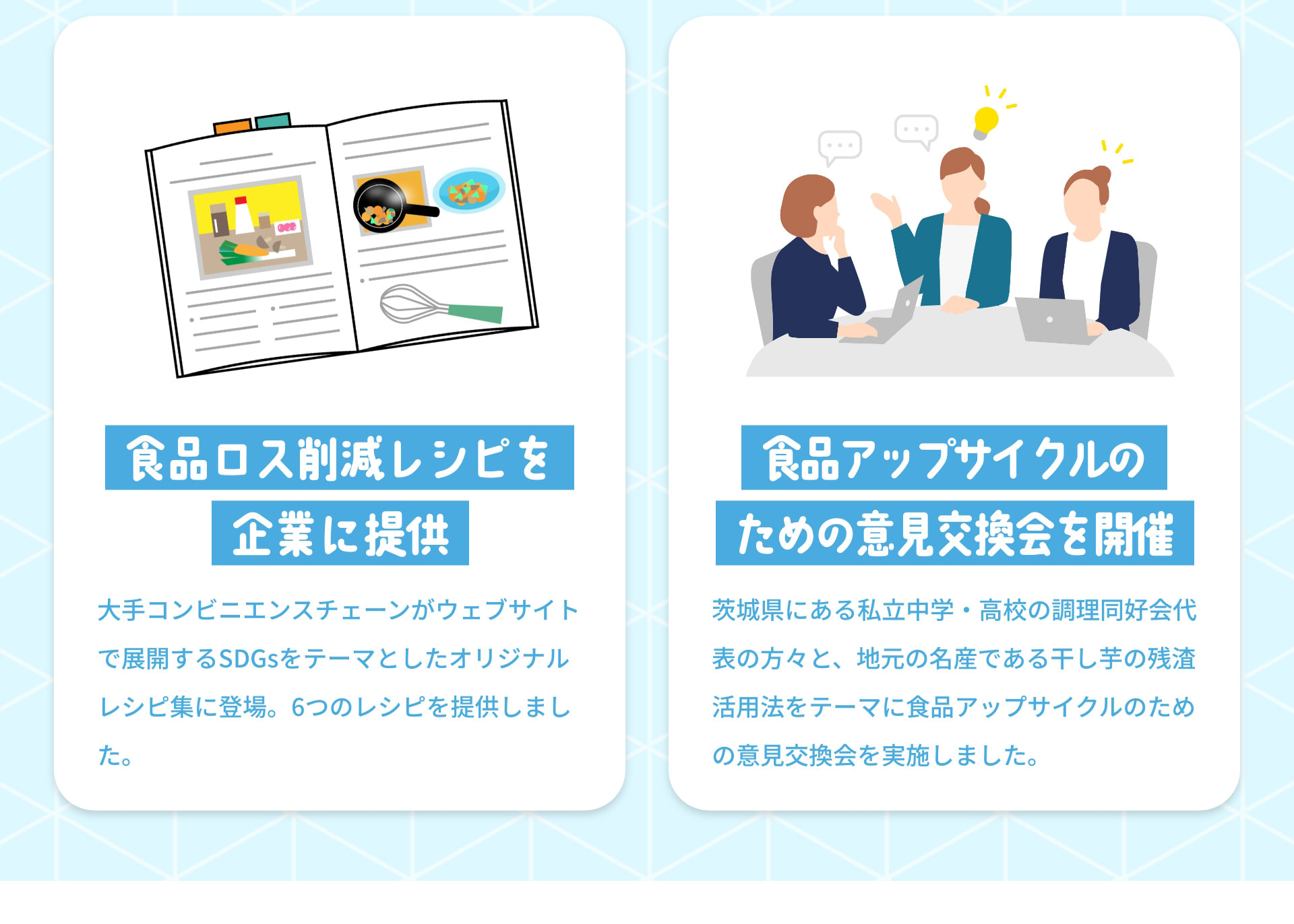 食品ロス削減レシピを企業に提供 大手コンビニエンスチェーンがウェブサイトで展開するSDGsをテーマとしたオリジナルレシピ集に登場。6つのレシピを提供しました。 食品アップサイクルのための意見交換会を開催 茨城県にある私立中学・高校の調理同好会代表の方々と、地元の名産である干し芋の残渣活用法をテーマに食品アップサイクルのための意見交換会を実施しました。