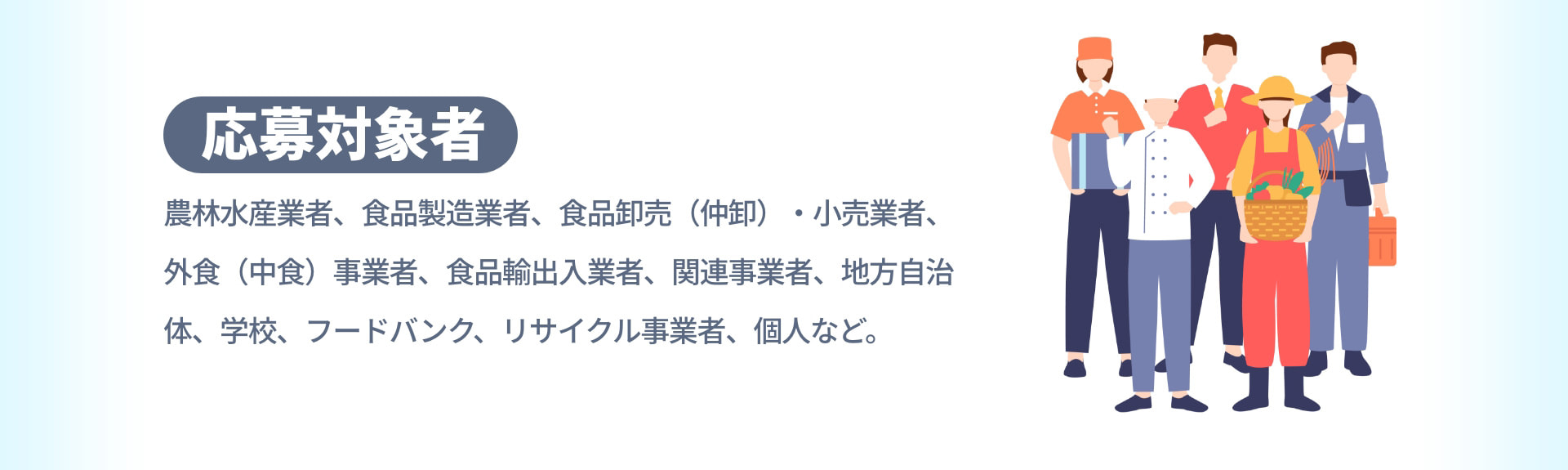 応募対象者 農林水産業者、食品製造業者、食品卸売（仲卸）・小売業者、外食（中食）事業者、食品輸出入業者、関連事業者、地方自治体、学校、フードバンク、リサイクル事業者、個人など。
