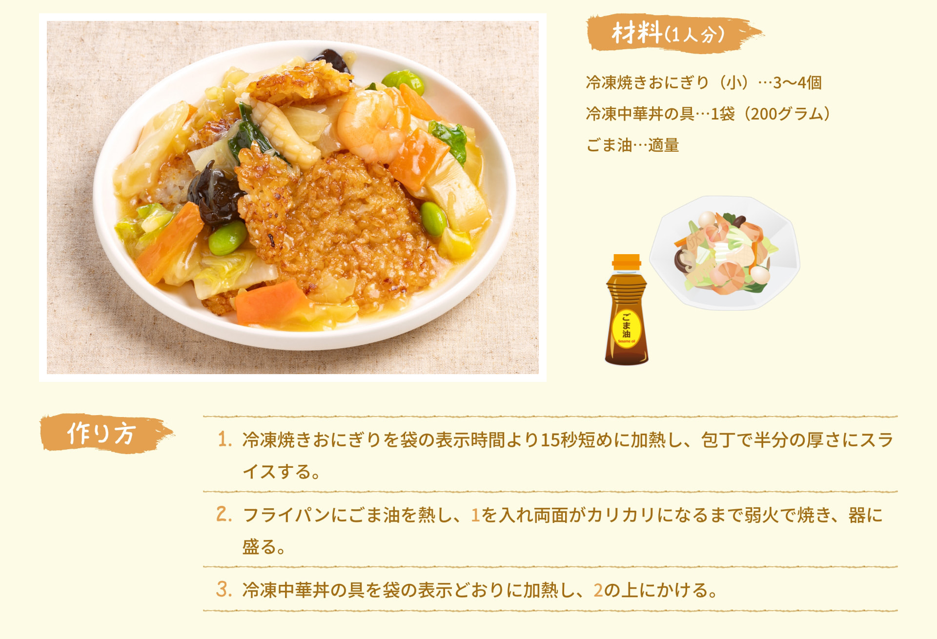 材料(1人分) 冷凍焼きおにぎり (小) 3~4個 冷凍中華丼の具 1袋 (200グラム) ごま油 適量 作り方 1. 冷凍焼きおにぎりを袋の表示時間より15秒短めに加熱し、包丁で半分の厚さにスライスする。 2. フライパンにごま油を熱し、1を入れ両面がカリカリになるまで弱火で焼き、器に盛る。 3. 冷凍中華丼の具を袋の表示どおりに加熱し、2の上にかける。