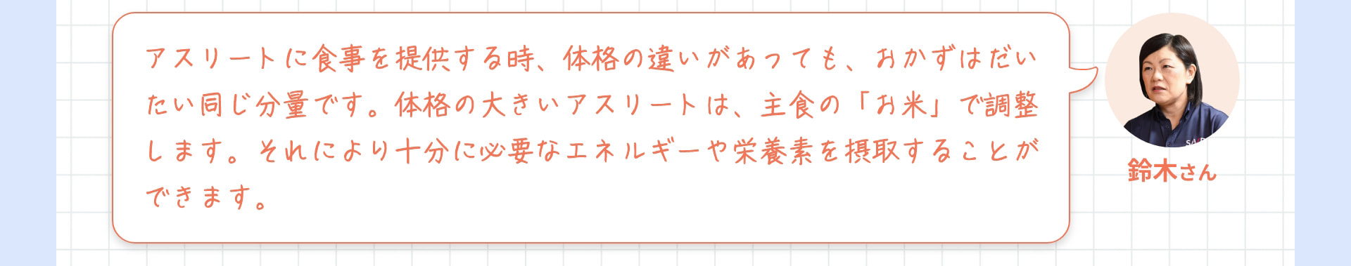 鈴木さん アスリートに食事を提供する時、体格の違いがあっても、おかずはだいたい同じ分量です。体格の大きいアスリートは、主食の「お米」で調整します。それにより十分に必要なエネルギーや栄養素を摂取することができます。