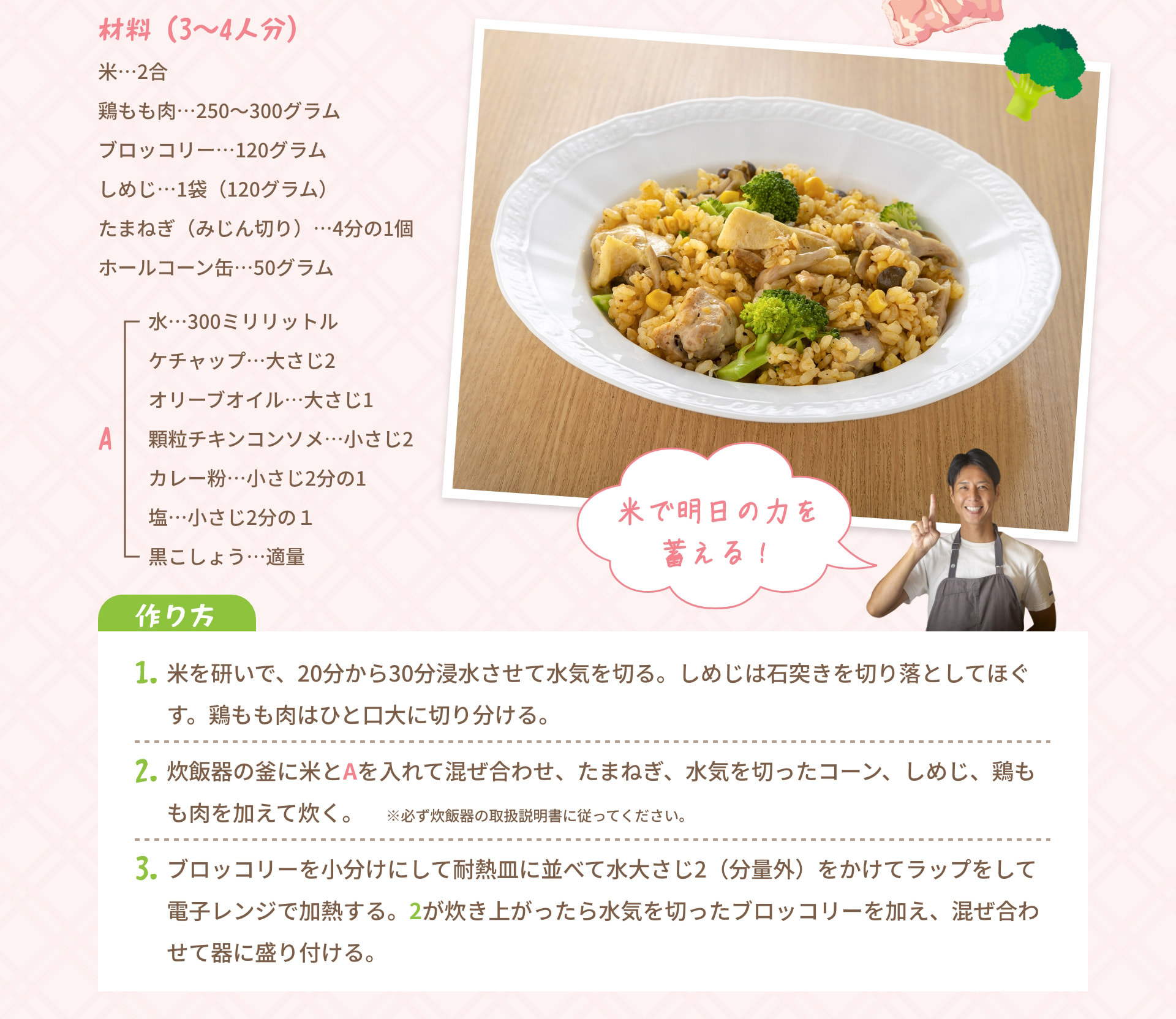 米で明日の力を 蓄える！ 材料 (3～4人分) 米･･･2合 鶏もも肉･･･250～300グラム ブロッコリー･･･120グラム しめじ･･･1袋 (120グラム) たまねぎ (みじん切り) ･･･4分の1個 ホールコーン缶･･･50グラム A 水･･･300ミリリットル ケチャップ･･･大さじ2 オリーブオイル･･･大さじ1 顆粒チキンコンソメ･･･小さじ2 カレー粉･･･小さじ2分の1 塩･･･小さじ2分の1 黒こしょう･･･適量 作り方 1. 米を研いで、20分から30分浸水させて水気を切る。しめじは石突きを切り落としてほぐす。鶏もも肉はひと口大に切り分ける。 2. 炊飯器の釜に米とAを入れて混ぜ合わせ、たまねぎ、水気を切ったコーン、しめじ、鶏もも肉を加えて炊く。 ※必ず炊飯器の取扱説明書に従ってください。 3. ブロッコリーを小分けにして耐熱皿に並べて水大さじ2 (分量外) をかけてラップをして電子レンジで加熱する。2が炊き上がったら水気を切ったブロッコリーを加え、混ぜ合わせて器に盛り付ける。