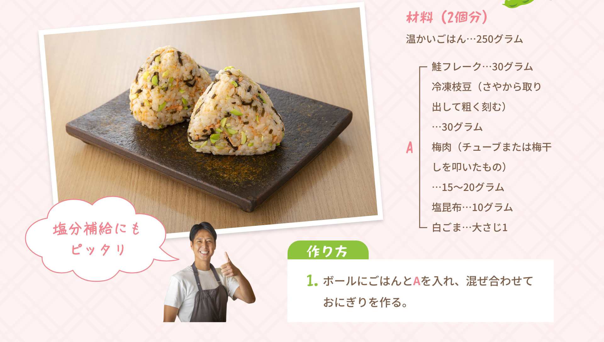 塩分補給にも ピッタリ 材料 (2個分) A 温かいごはん･･･250グラム 鮭フレーク･･･30グラム 冷凍枝豆 (さやから取り出して粗く刻む)･･･30グラム 梅肉 (チューブまたは梅干しを叩いたもの)･･･15～20グラム 塩昆布･･･10グラム 白ごま･･･大さじ1 作り方 1. ボールにごはんとAを入れ、混ぜ合わせておにぎりを作る。