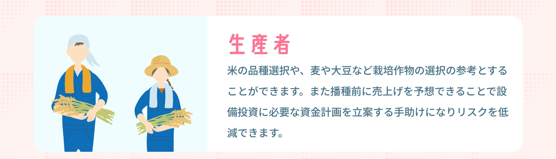 生産者 米の品種選択や、麦や大豆など栽培作物の選択の参考とすることができます。また播種前に売上げを予想できることで設備投資に必要な資金計画を立案する手助けになりリスクを低減できます。