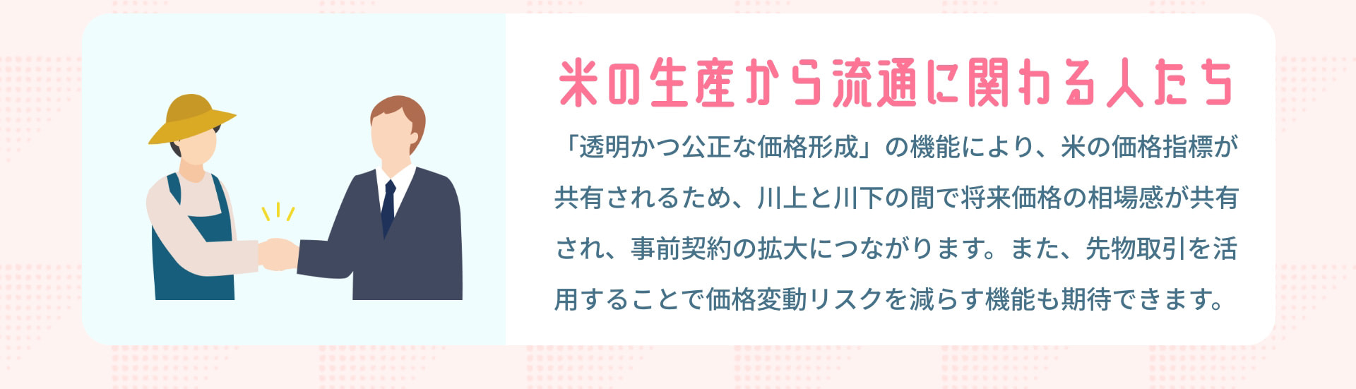 米の生産から流通に関わる人たち 「透明かつ公正な価格形成」の機能により、米の価格指標が共有されるため、川上と川下の間で将来価格の相場感が共有され、事前契約の拡大につながります。また、先物取引を活用することで価格変動リスクを減らす機能も期待できます。