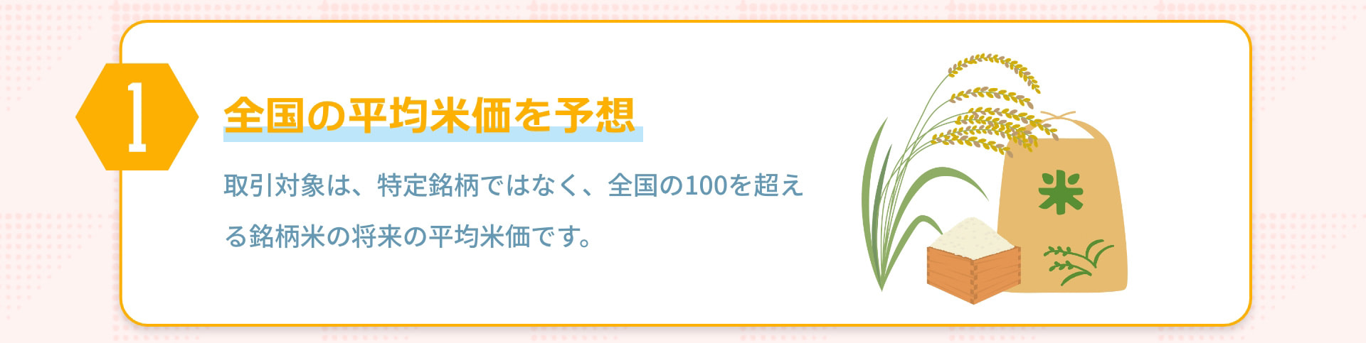 1 全国の平均米価を予想 取引対象は、特定銘柄ではなく、全国の100を超える銘柄米の将来の平均米価です。
