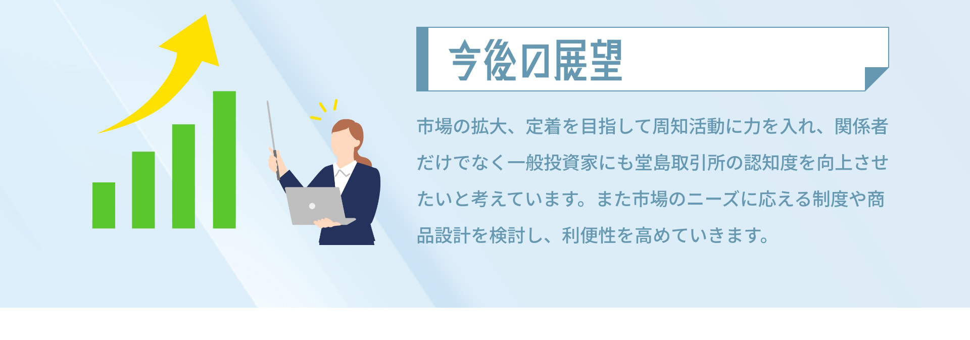 今後の展望 市場の拡大、定着を目指して周知活動に力を入れ、関係者だけでなく一般投資家にも堂島取引所の認知度を向上させたいと考えています。また市場のニーズに応える制度や商品設計を検討し、利便性を高めていきます。