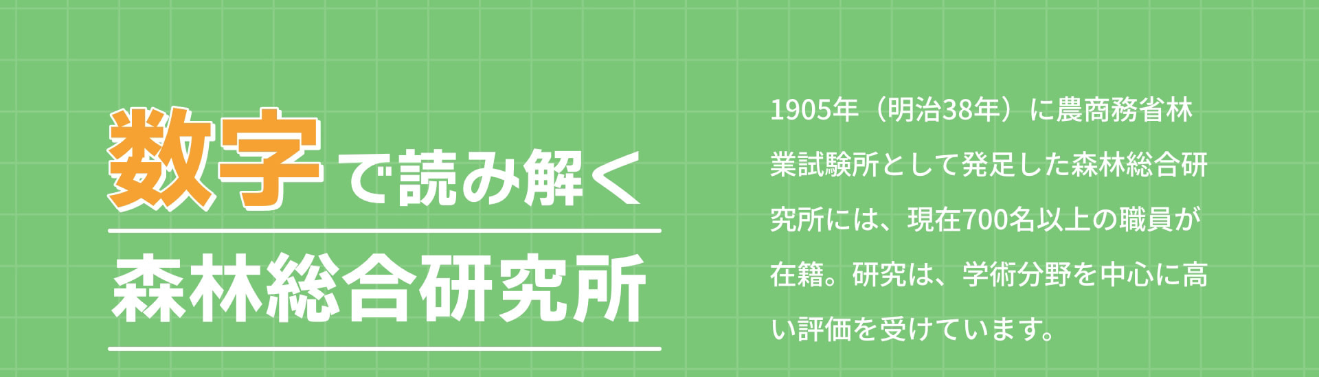 数字で読み解く森林総合研究所 1905年（明治38年）に農商務省林業試験所として発足した森林総合研究所には、現在700名以上の職員が在籍。研究は、学術分野を中心に高い評価を受けています。