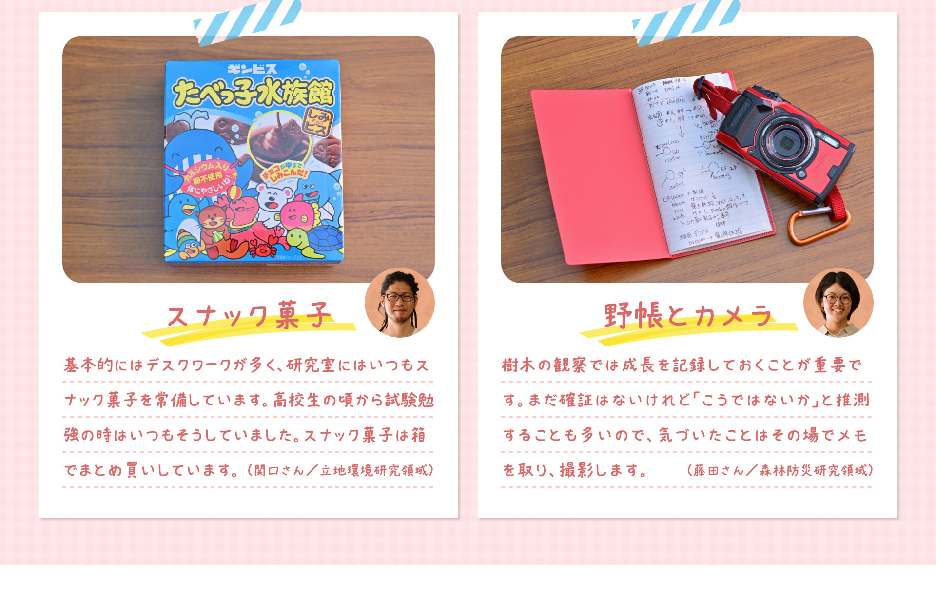スナック菓子 基本的にはデスクワークが多く、研究室にはいつもスナック菓子を常備しています。高校生の頃から試験勉強の時はいつもそうしていました。スナック菓子は箱でまとめ買いしています。 （関口さん／立地環境研究領域） 野帳とカメラ 樹木の観察では成長を記録しておくことが重要です。まだ確証はないけれど「こうではないか」と推測することも多いので、気づいたことはその場でメモを取り、撮影します。 （藤田さん／森林防災研究領域）