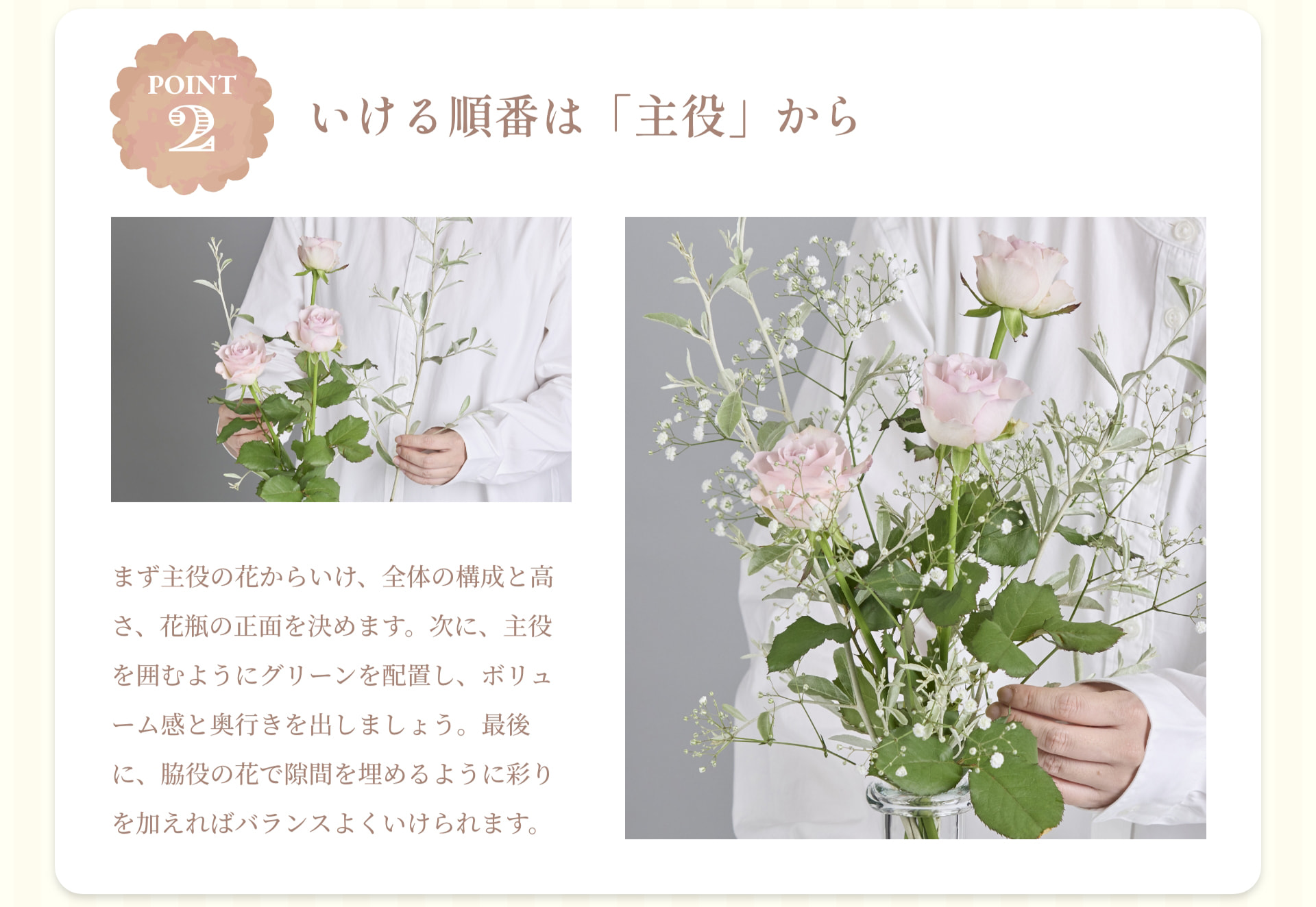 POINT 2 いける順番は「主役」から まず主役の花からいけ、全体の構成と高さ、花瓶の正面を決めます。次に、主役を囲むようにグリーンを配置し、ボリューム感と奥行きを出しましょう。最後に、脇役の花で隙間を埋めるように彩りを加えればバランスよくいけられます。