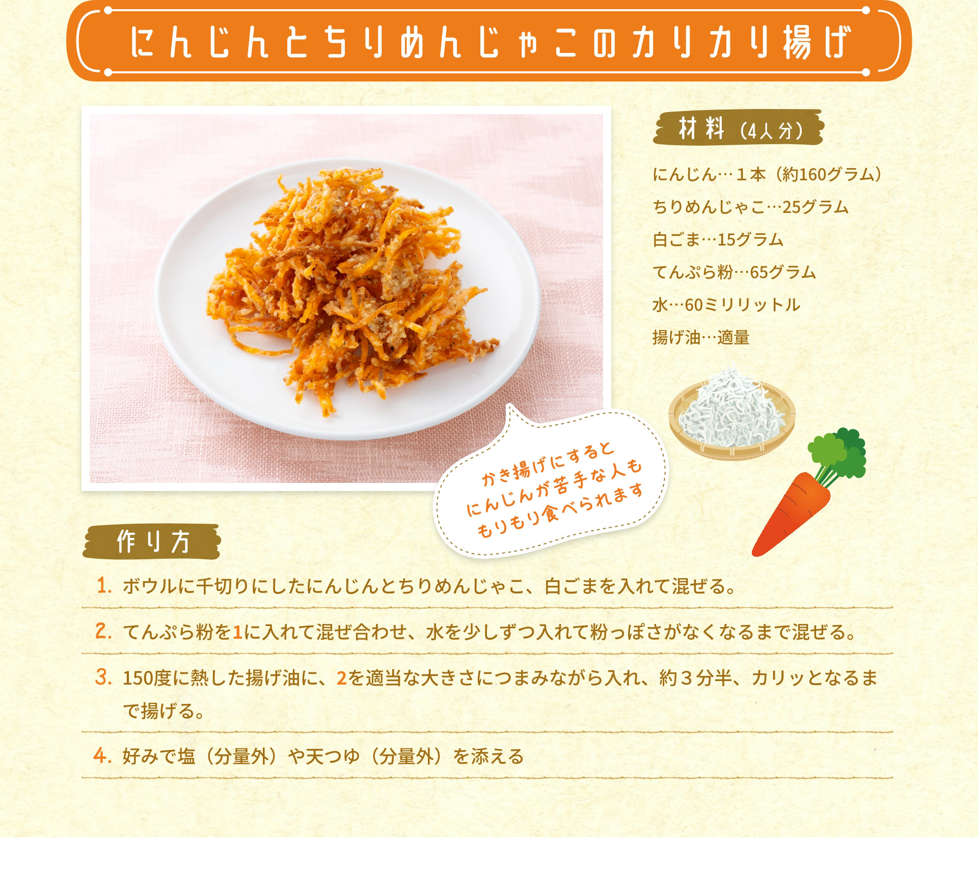 にんじんとちりめんじゃこのカリカリ揚げ 材料 (4人分) にんじん&hellip;1本(160グラム) ちりめんじゃこ&hellip;25グラム 白ごま&hellip;15グラム てんぷら粉&hellip;65グラム 水&hellip;60ミリリットル 揚げ油&hellip;適量 かき揚げにすると にんじんが苦手な人ももりもり食べられます 作り方 1. ボウルに千切りにしたにんじんとちりめんじゃこと白ごまを入れて混ぜる。 2. てんぷら粉を1に入れて混ぜ合わせ、水を少しずつ入れて粉っぽさがなくなるまで混ぜる。 3. 150度に熱した揚げ油に、2を適当な大きさにつまみながら入れ、約3分半、カリッとなるまで揚げる。 4. 好みで塩(分量外)や天つゆ(分量外)を添える