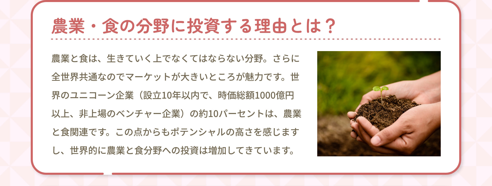 農業・食の分野に投資する理由とは？ 農業と食は、生きていく上でなくてはならない分野。さらに全世界共通なのでマーケットが大きいところが魅力です。世界のユニコーン企業（設立10年以内で、時価総額1000億円以上、非上場のベンチャー企業）の約10パーセントは、農業と食関連です。この点からもポテンシャルの高さを感じますし、世界的に農業と食分野への投資は増加してきています。