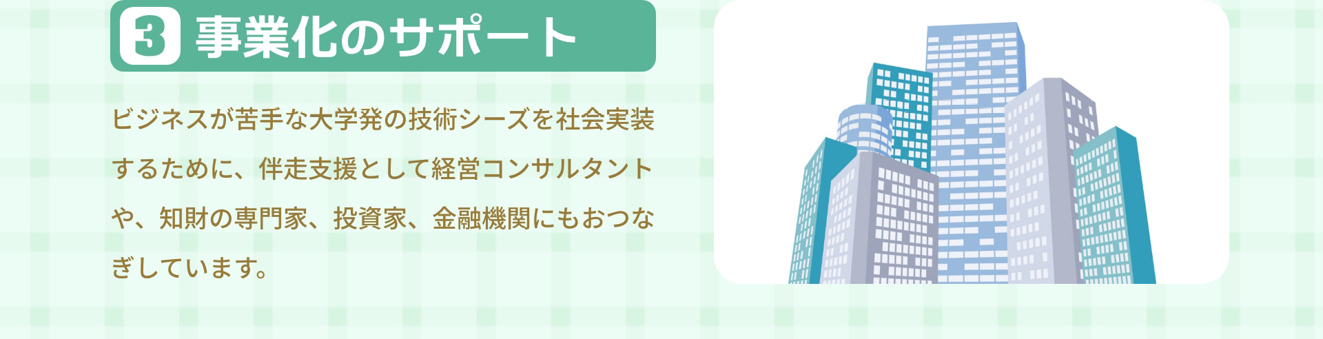 3 事業化のサポート ビジネスが苦手な大学発の技術シーズを社会実装するために、伴走支援として経営コンサルタントや、知財の専門家、投資家、金融機関にもおつなぎしています。