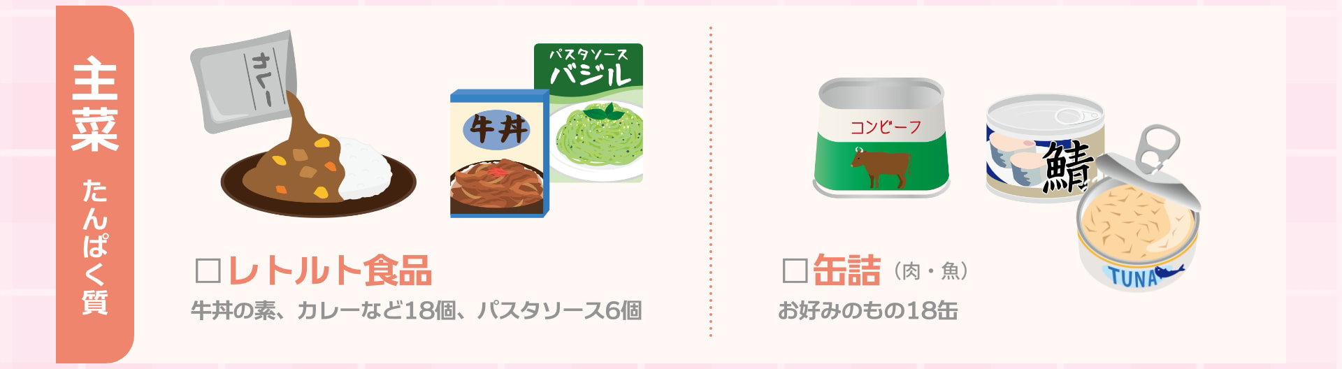 主菜 たんぱく質 □レトルト食品 牛丼の素、カレーなど18個、パスタソース6個 □缶詰（肉・魚） お好みのもの18缶