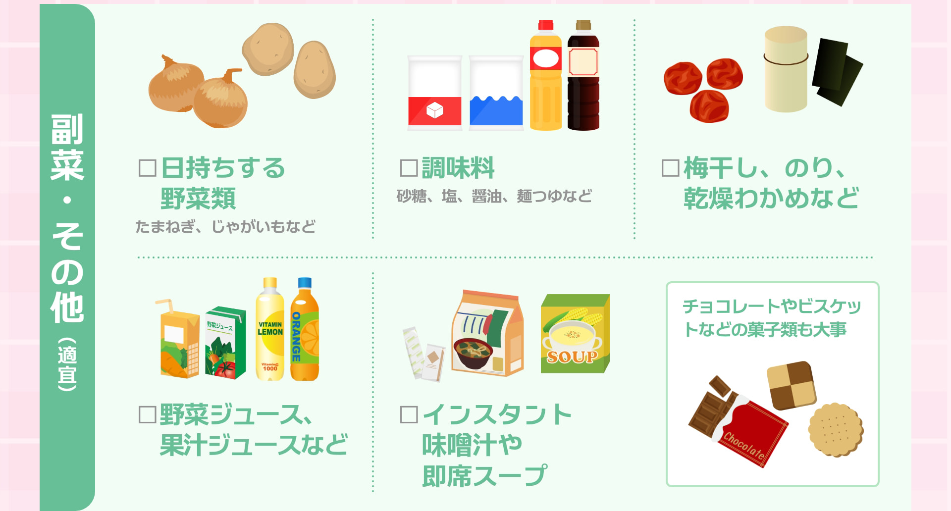 副菜・その他（適宜） □日持ちする野菜類 たまねぎ、じゃがいもなど □調味料 砂糖、塩、醤油、麺つゆなど □梅干し、のり、乾燥わかめなど □野菜ジュース、果汁ジュースなど □インスタント味噌汁や即席スープ チョコレートやビスケットなどのお菓子類も大事