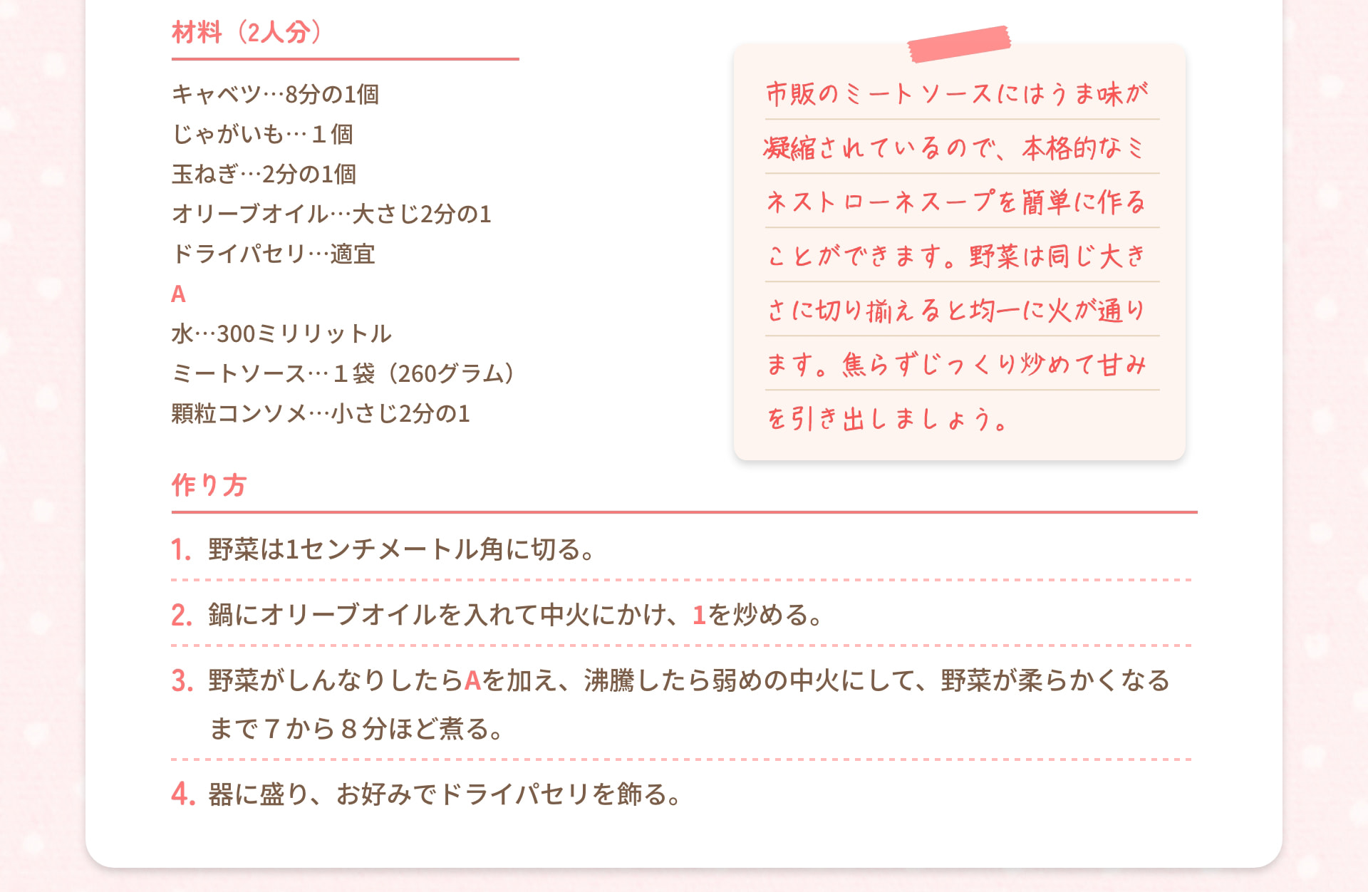 材料（2人分） キャベツ…8分の1個 じゃがいも…1個 玉ねぎ…2分の1個 オリーブオイル…大さじ2分の1 ドライパセリ…適宜 A 水…300ミリリットル ミートソース…1袋（260グラム） 顆粒コンソメ…小さじ2分の1 作り方 1. 野菜は1センチメートル角に切る。 2. 鍋にオリーブオイルを入れて中火にかけ、1を炒める。 3. 野菜がしんなりしたらAを加え、沸騰したら弱めの中火にして、野菜が柔らかくなるまで7から8分ほど煮る。 4. 器に盛り、お好みでドライパセリを飾る。 市販のミートソースにはうま味が凝縮されているので、本格的なミネストローネスープを簡単に作ることができます。野菜は同じ大きさに切り揃えると均一に火が通ります。焦らずじっくり炒めて甘みを引き出しましょう。