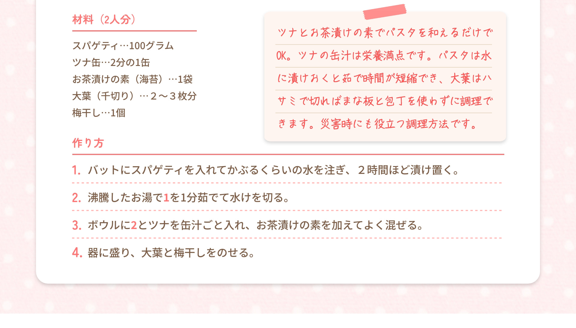 材料（2人分） スパゲティ…100グラム ツナ缶…2分の1缶 お茶漬けの素（海苔）…1袋 大葉（千切り）…2～3枚分 梅干し…1個 作り方 1. バットにスパゲティを入れてかぶるくらいの水を注ぎ、2時間ほど漬け置く。 2. 沸騰したお湯で1を1分茹でて水けを切る。 3. ボウルに2とツナを缶汁ごと入れ、お茶漬けの素を加えてよく混ぜる。 4. 器に盛り、大葉と梅干しをのせる。 ツナとお茶漬けの素でパスタを和えるだけでOK。ツナの缶汁は栄養満点です。パスタは水に漬けおくと茹で時間が短縮でき、大葉はハサミで切ればまな板と包丁を使わずに調理できます。災害時にも役立つ調理方法です。
