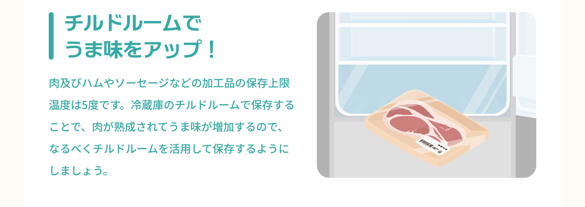 チルドルームでうま味をアップ！ 肉及びハムやソーセージなどの加工品の保存上限温度は5度です。冷蔵庫のチルドルームで保存することで、肉が熟成されてうま味が増加するので、なるべくチルドルームを活用して保存するようにしましょう。