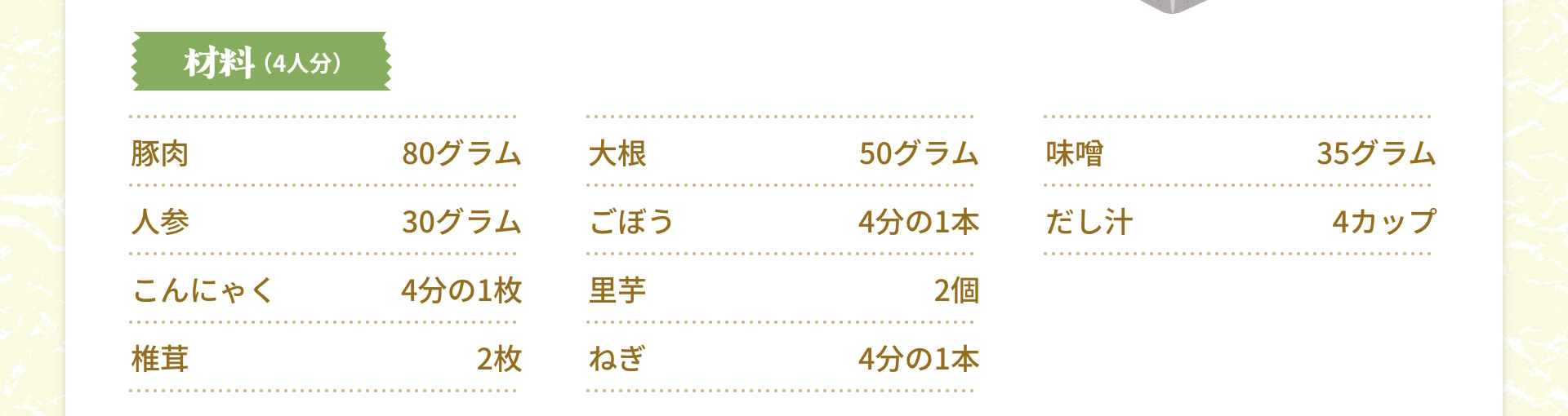 材料（4人分） 豚肉 80グラム 人参 30グラム こんにゃく 4分の1枚 椎茸 2枚 大根 50グラム ごぼう 4分の1本 里芋 2個 ねぎ 4分の1本 味噌 35グラム だし汁 4カップ