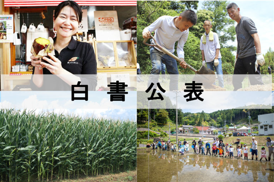 令和6年度食料・農業・農村白書の公表を伝える写真。 左上は「株式会社農プロデュース リッツ」代表取締役の新⾕梨恵⼦さんの写真、右上が「社会福祉法人青葉二会」の肥料散布作業の写真です。左下は飼料となる⻘刈りとうもろこしの写真、右下は「岡崎市下⼭学区地域づくり協議会」における稲作体験プログラムの写真です。