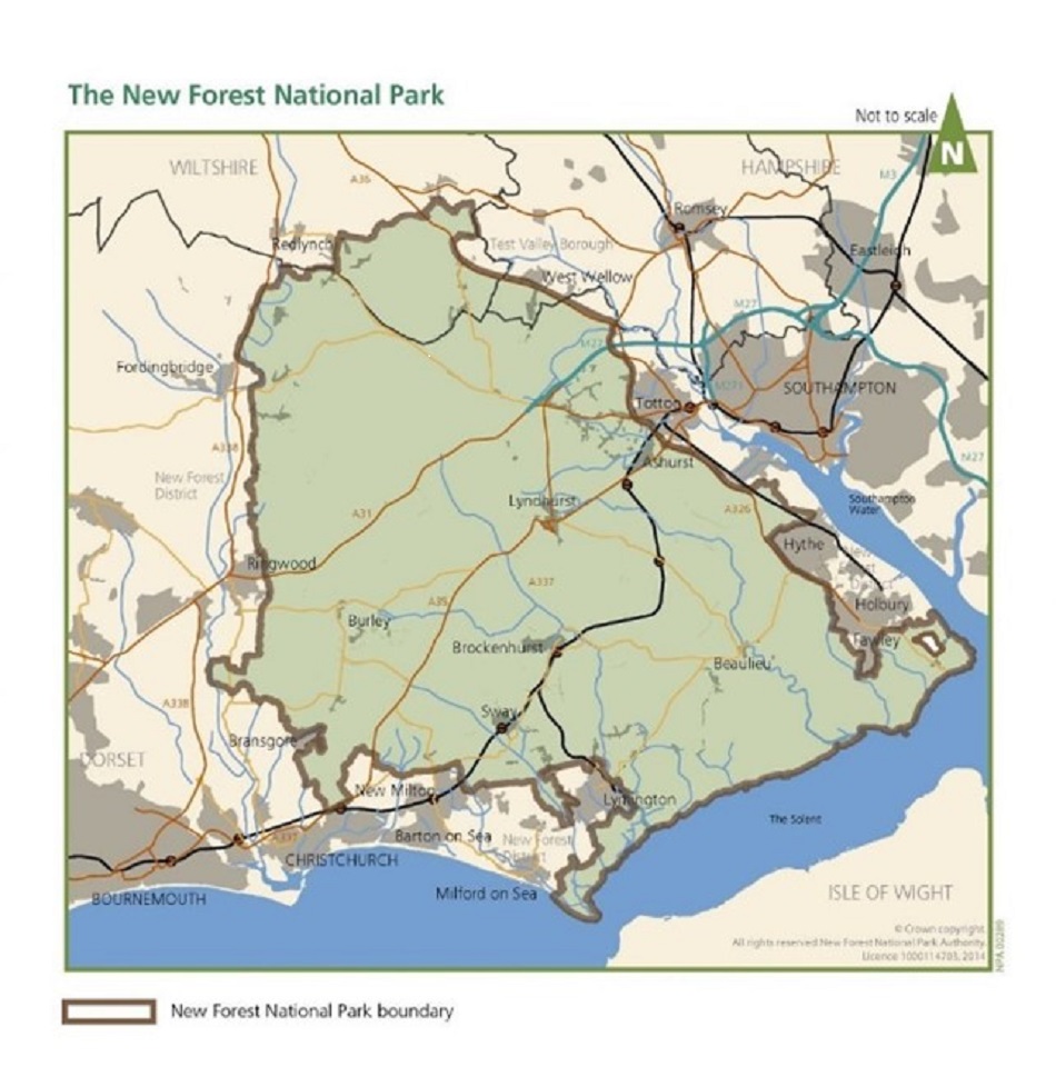 ニューフォレストの境界及び近隣諸州の地図