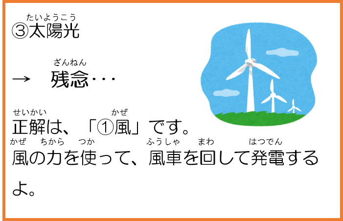 3太陽光。残念。正解は、「1風」です。風の力を使って、風車を回して発電するよ。 