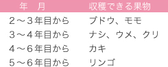 2~3年目から ブドウ、モモ:3~4年目から ナシ、ウメ、クリ:4~6年目から カキ:5~6年目から リンゴ