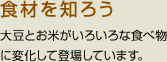 食材を知ろう　大豆とお米がいろいろな食べ物に変化して登場しています。