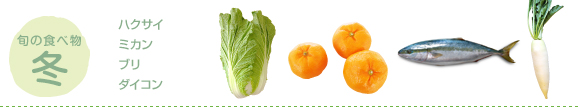 旬の食べ物 冬：ハクサイ、ミカン、ブリ、ダイコン
