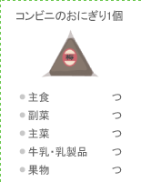 コンビニのおにぎり1個:●主食 つ ●副菜 つ ●主菜 つ ●牛乳・乳製品 つ ●果物