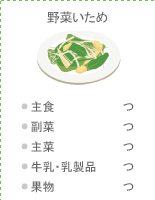 野菜いため:●主食 つ ●副菜 つ ●主菜 つ ●牛乳・乳製品 つ ●果物