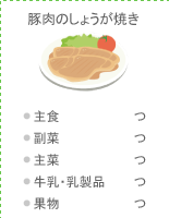 豚肉のしょうが焼き:●主食 つ ●副菜 つ ●主菜 つ ●牛乳・乳製品 つ ●果物