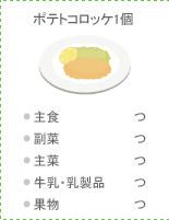 ポテトコロッケ1個:●主食 つ ●副菜 つ ●主菜 つ ●牛乳・乳製品 つ ●果物
