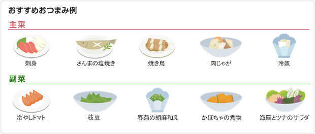 おすすめおつまみ例　主菜：刺身、さんまの塩焼き、焼き鳥、肉じゃが、冷奴　副菜：冷やしトマト、枝豆、春菊の胡麻和え、かぼちゃの煮物、海藻とツナのサラダ