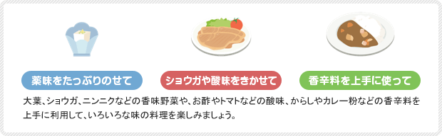 大葉、ショウガ、ニンニクなどの香味野菜や、お酢やトマトなどの酸味、からしやカレー粉などの香辛料を上手に利用して、いろいろな味の料理を楽しみましょう。