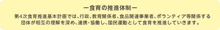 ー食育の推進体制ー
第4次食育推進基本計画では、行政、教育関係者、食品関連事業者、ボランティア等関係する
団体が相互の理解を深め、連携・協働し、国民運動として食育を推進していきます。